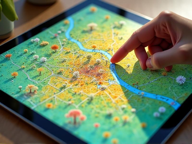 A digital map overlay on a tablet screen, showing various city districts color-coded based on foraging productivity. The map includes icons representing different edible plants, with a hand pointing to a high-productivity area, illustrating the process of mapping urban foraging hotspots.